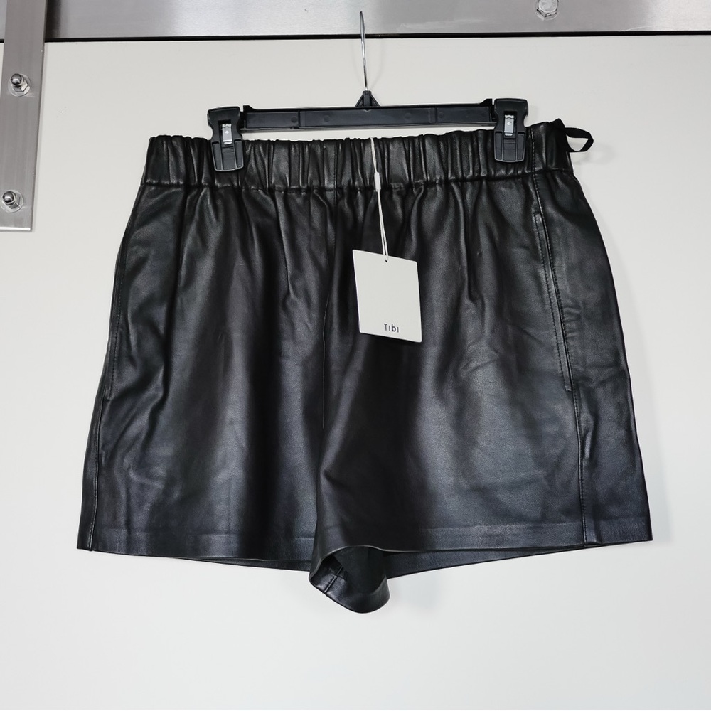 Tibi Leather Pull On Shorts in Black